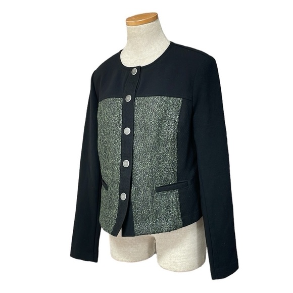 Cabi Jacket Women's Medium Green Black Mixed Media Blazer Cropped Snap Buttons - Picture 2 of 15